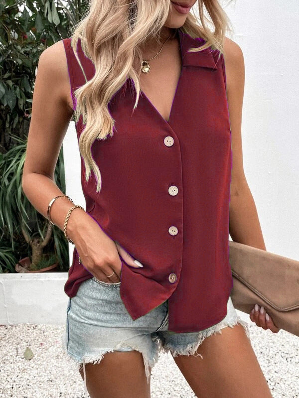 Women's sleeveless loose vest top with button details in solid color, casualwear from Plush Fashion Hub