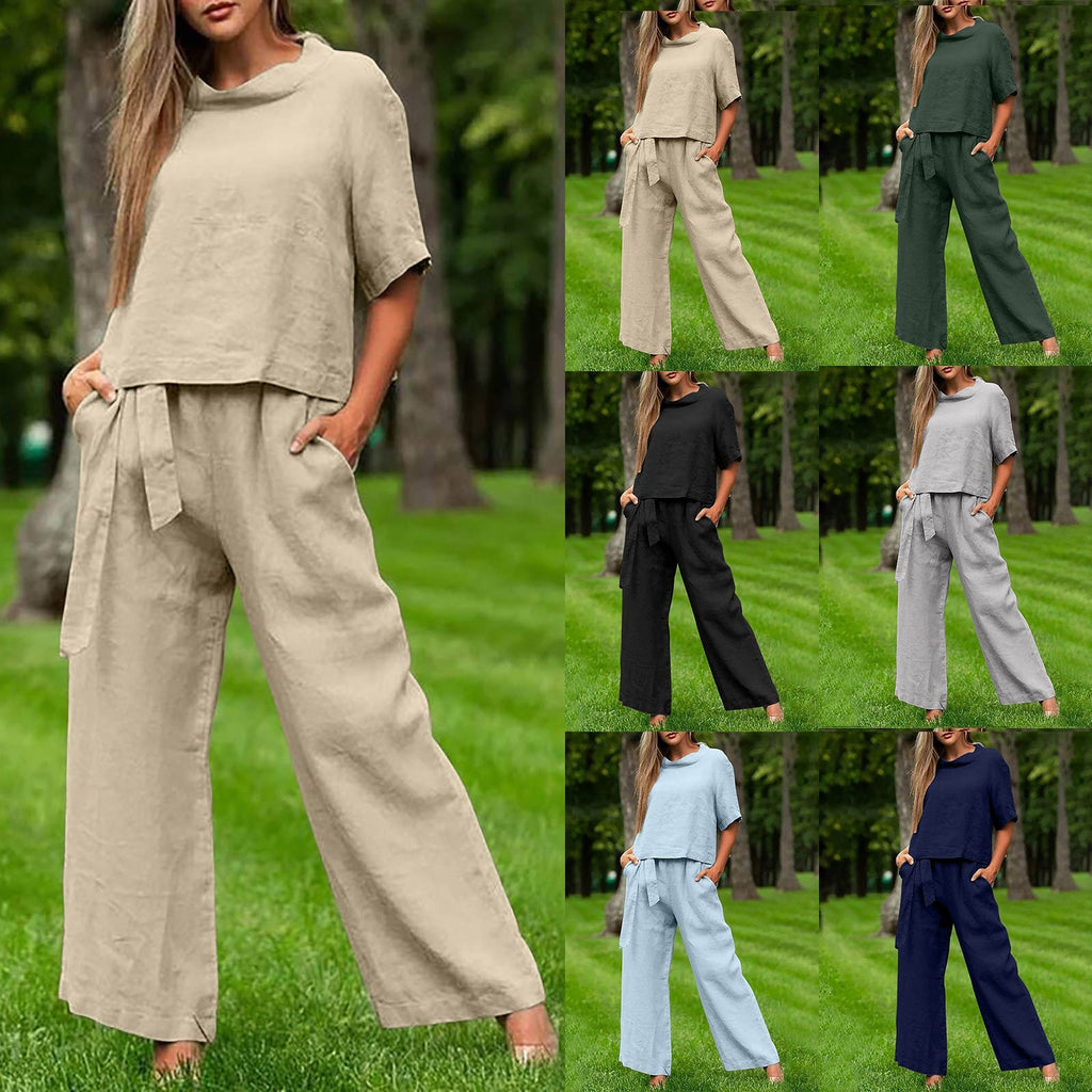 FitiqueFit casualwear two-piece set with round-neck 3/4 sleeve top and matching pants in six colors, available in sizes S to XXL.