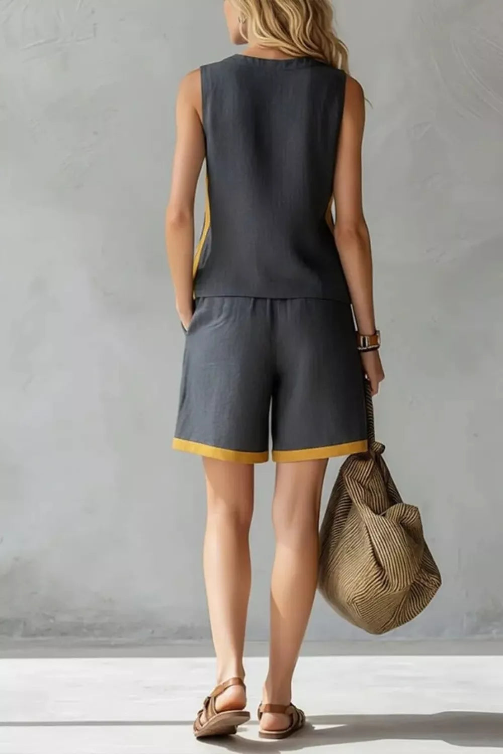 Plush Fashion Hub contrast trim sleeveless tank and shorts loungewear set, soft fabric with stylish design for comfortable casual wear.