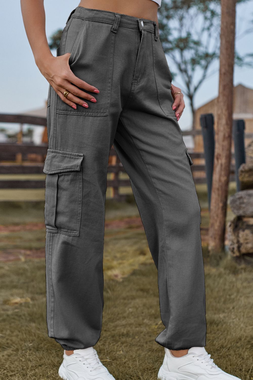 Long denim jeans with front pockets from Plush Fashion Hub, showing classic blue denim fabric and pocket details.