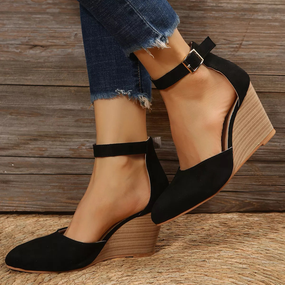 Point toe wedge sandals by Plush Fashion Hub featuring sleek design and comfortable wedge heel, perfect for casual or dressy wear.