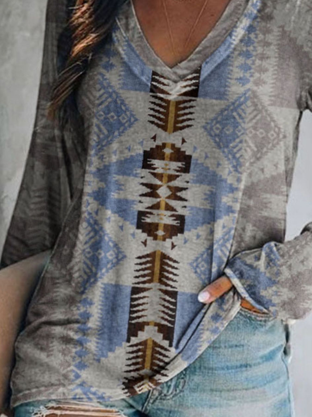 Plus size Plush Fashion Hub geometric print V-neck long sleeve T-shirt, casual top with colorful geometric pattern