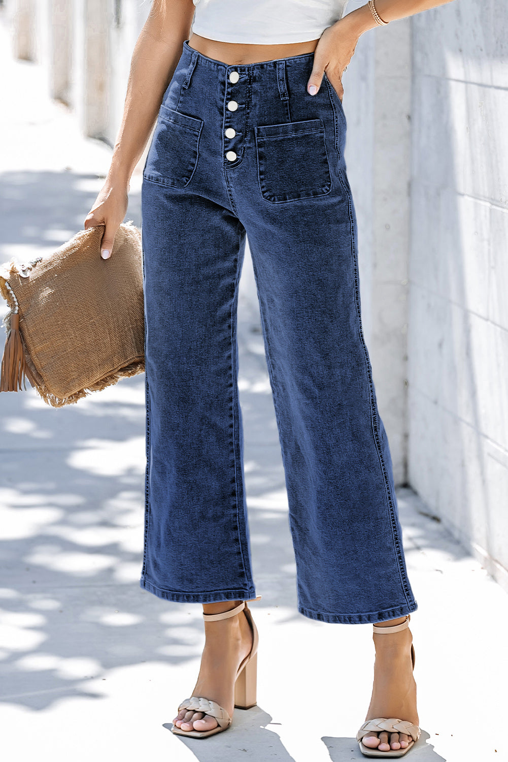 Threaded Pear Mckinley wide leg cropped jeans, featuring a relaxed fit and stylish design, shown on a model with a casual pose.