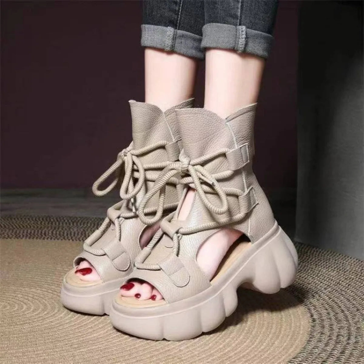 Trendsi chunky platform lace-up sandals with thick soles and ankle ties, stylish footwear for casual or trendy outfits