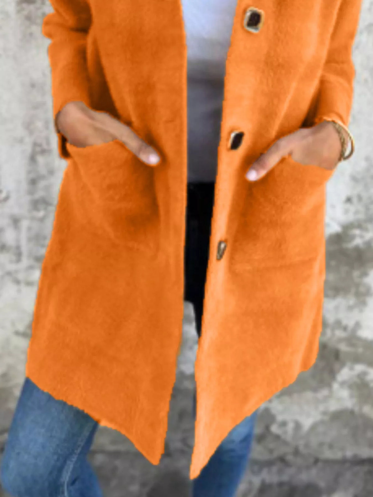 Plus size longline coat by Simply Love, full-size button-down long sleeve longline coat shown in black on model.