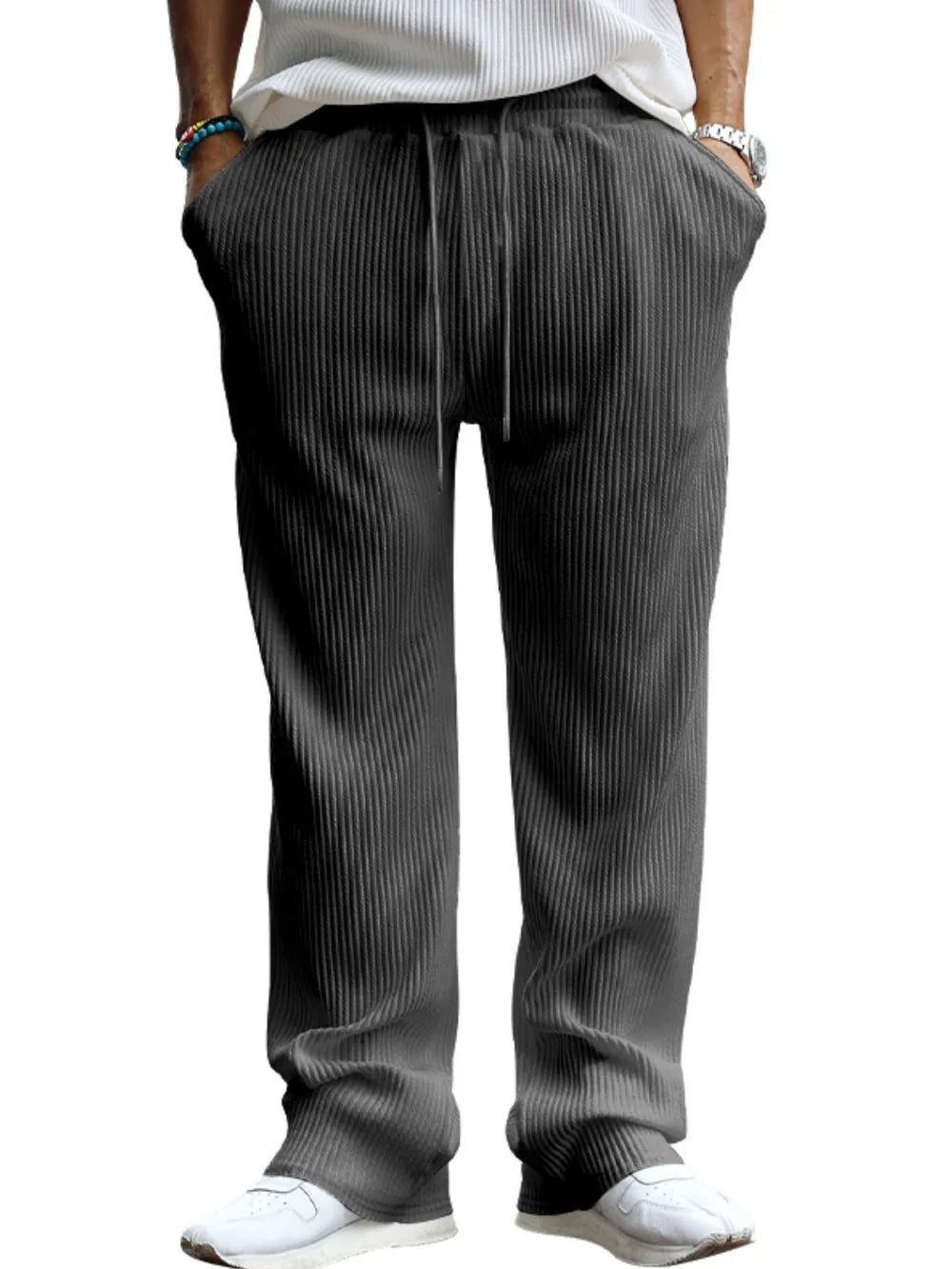 Men's ribbed drawstring wide leg pants by Trendsi, full size plus size, featuring a comfortable wide leg fit and ribbed fabric.