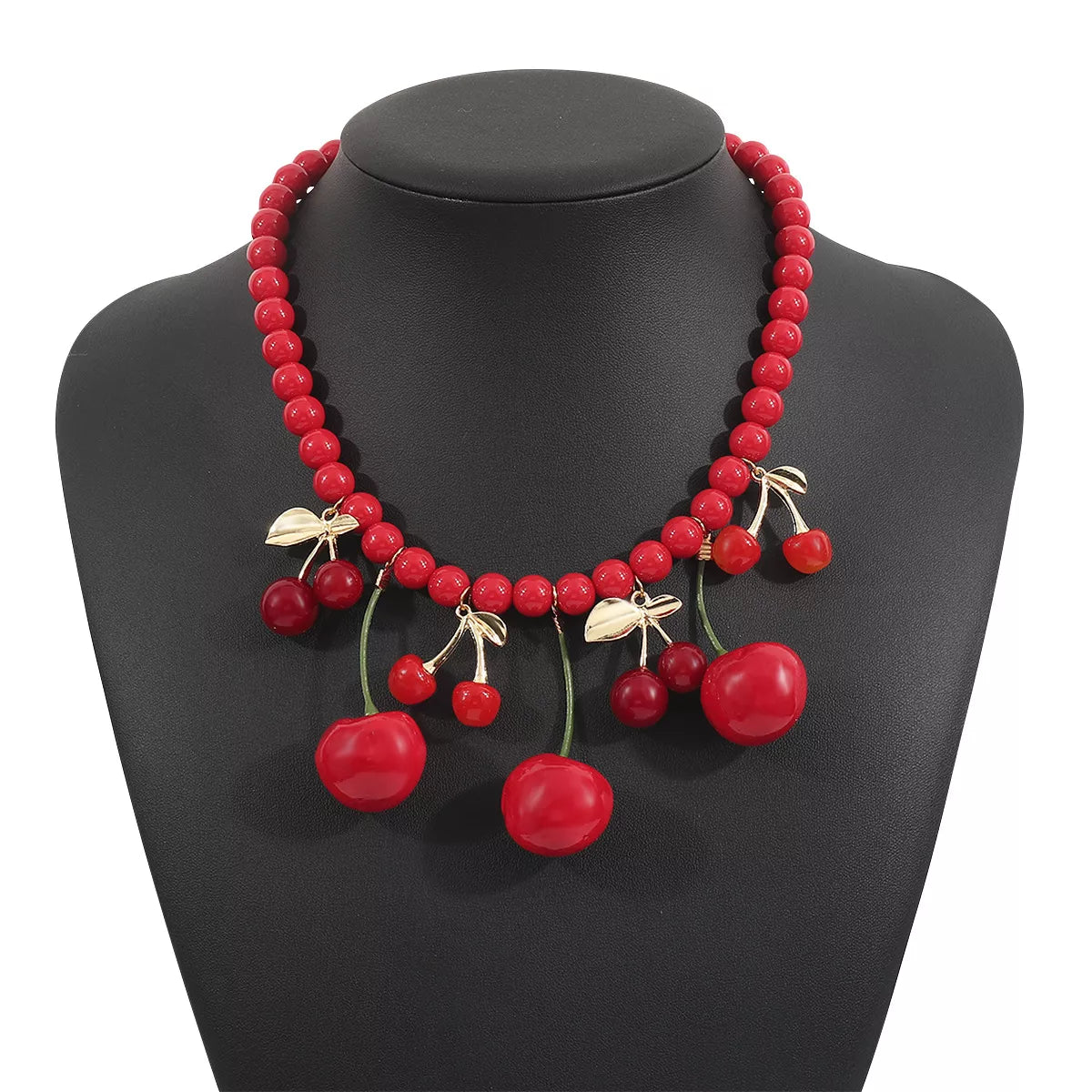 Cherry charm beaded statement necklace by Plush Fashion Hub featuring colorful beads and a cherry pendant.