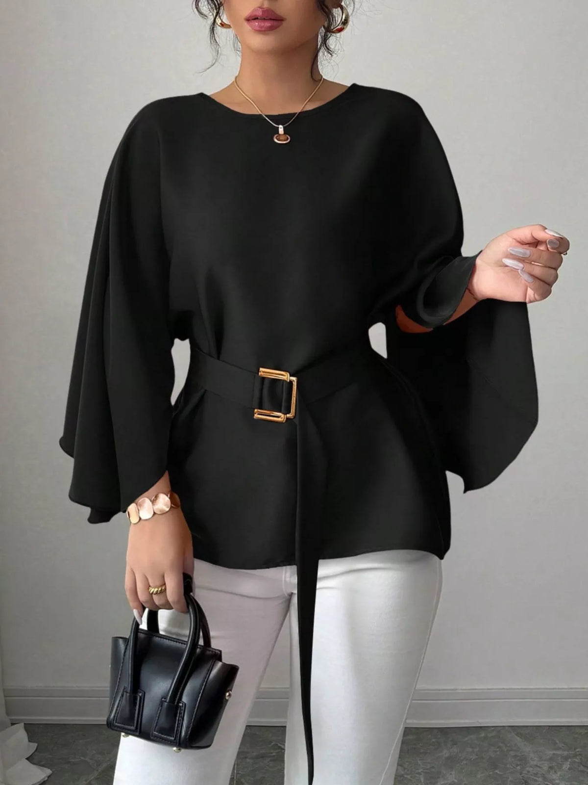 Plush Fashion Hub batwing sleeve belted blouse with flowy fabric and a waist belt, stylish top for casual or office wear.