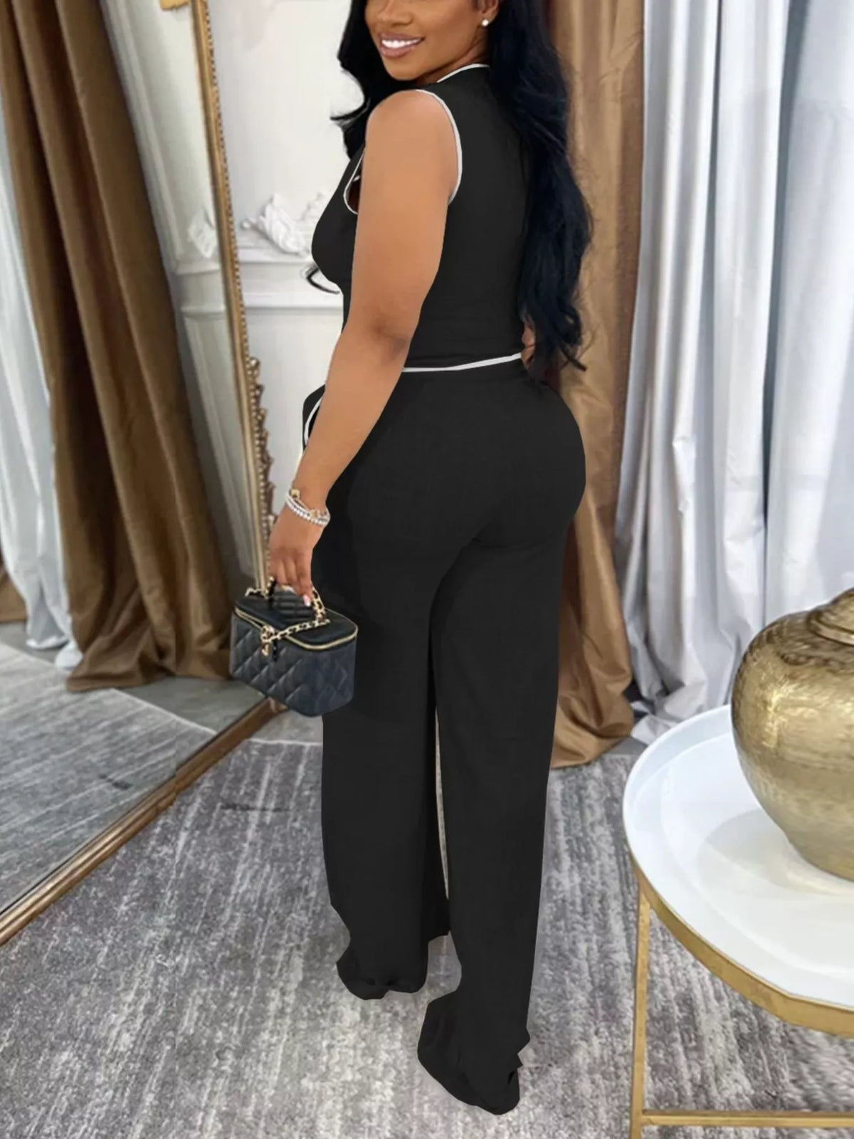 Trendsi contrast trim sweater vest and wide-leg pants two-piece set, stylish knit sweater with bold trim details and flowing wide-leg trousers