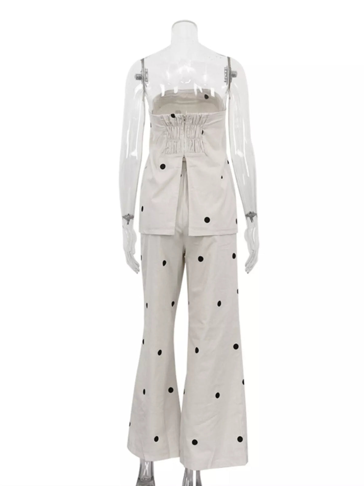 Polka dot tube top and matching pants set by Plush Fashion Hub, featuring a stylish, coordinated polka dot design and comfortable fit.
