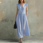FitiqueFit cotton linen V-neck puff-sleeve dress with pockets in a casual style, available in seven colors.