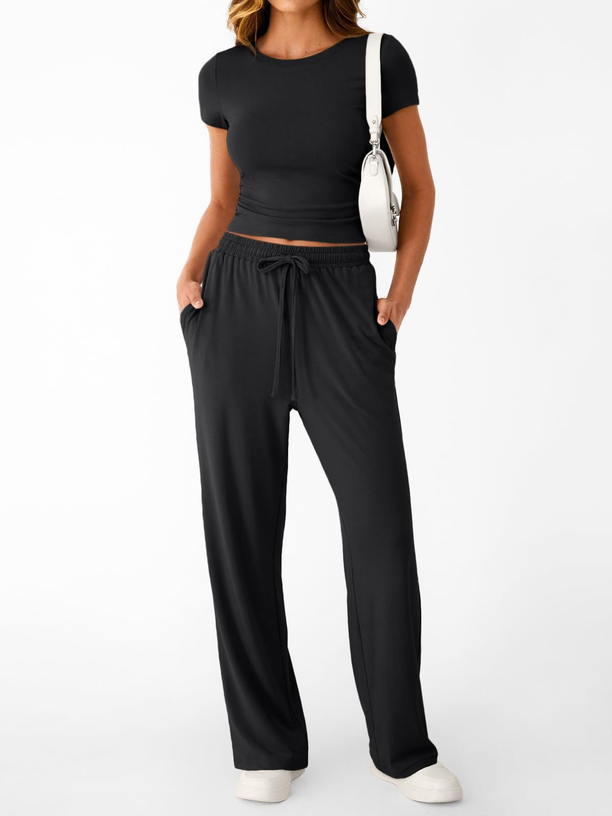 Womens round neck short sleeve T-shirt and drawstring lounge set by Plush Fashion Hub, casual two-piece outfit in soft fabric.