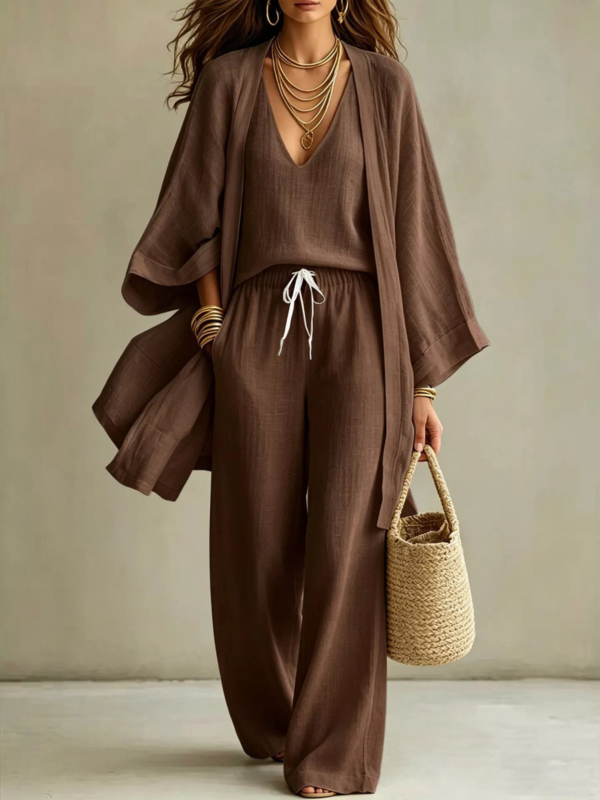 Plus size V-neck tank cardigan and pants loungewear set by Trendsi, featuring a comfortable, coordinated matching outfit.