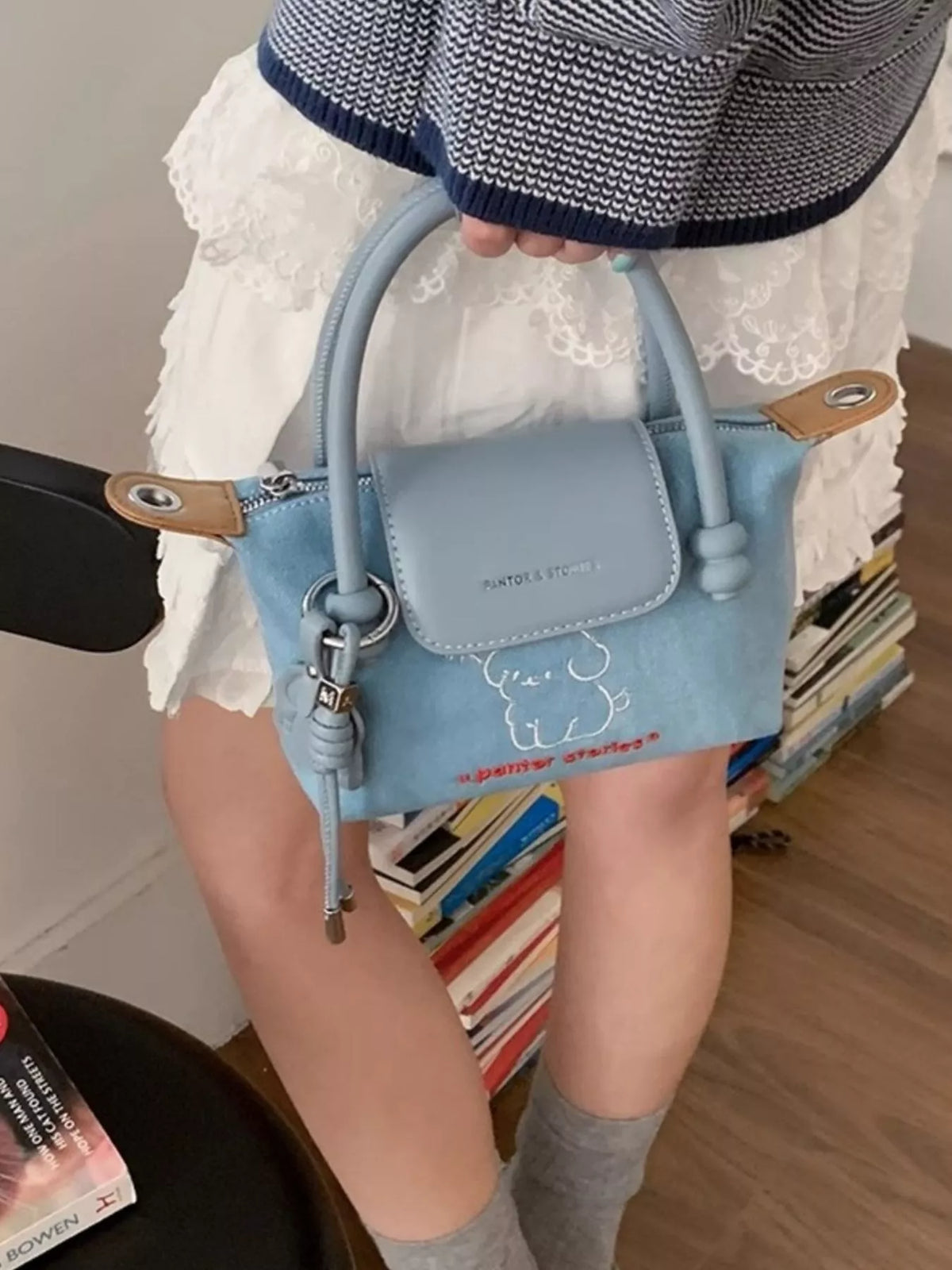 Denim handbag with puppy embroidery from Plush Fashion Hub, featuring a stylish bag with detailed puppy design.