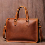 Men's Pi-Mart Crazy Horse leather briefcase with laptop compartment, stylish and durable men's leather bag for work and travel.