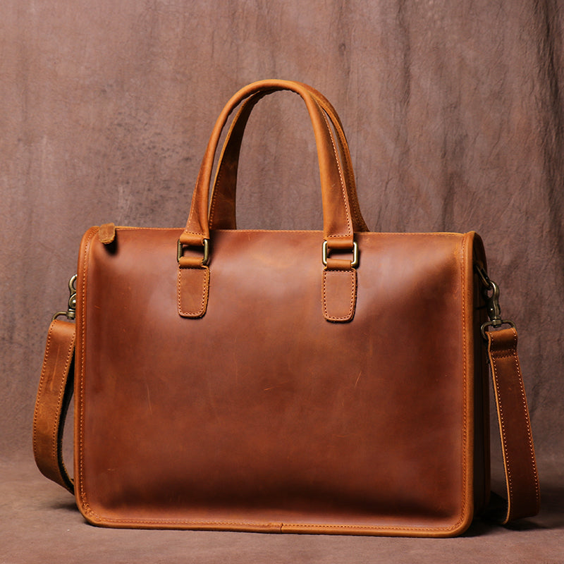Men's Pi-Mart Crazy Horse leather briefcase with laptop compartment, stylish and durable men's leather bag for work and travel.