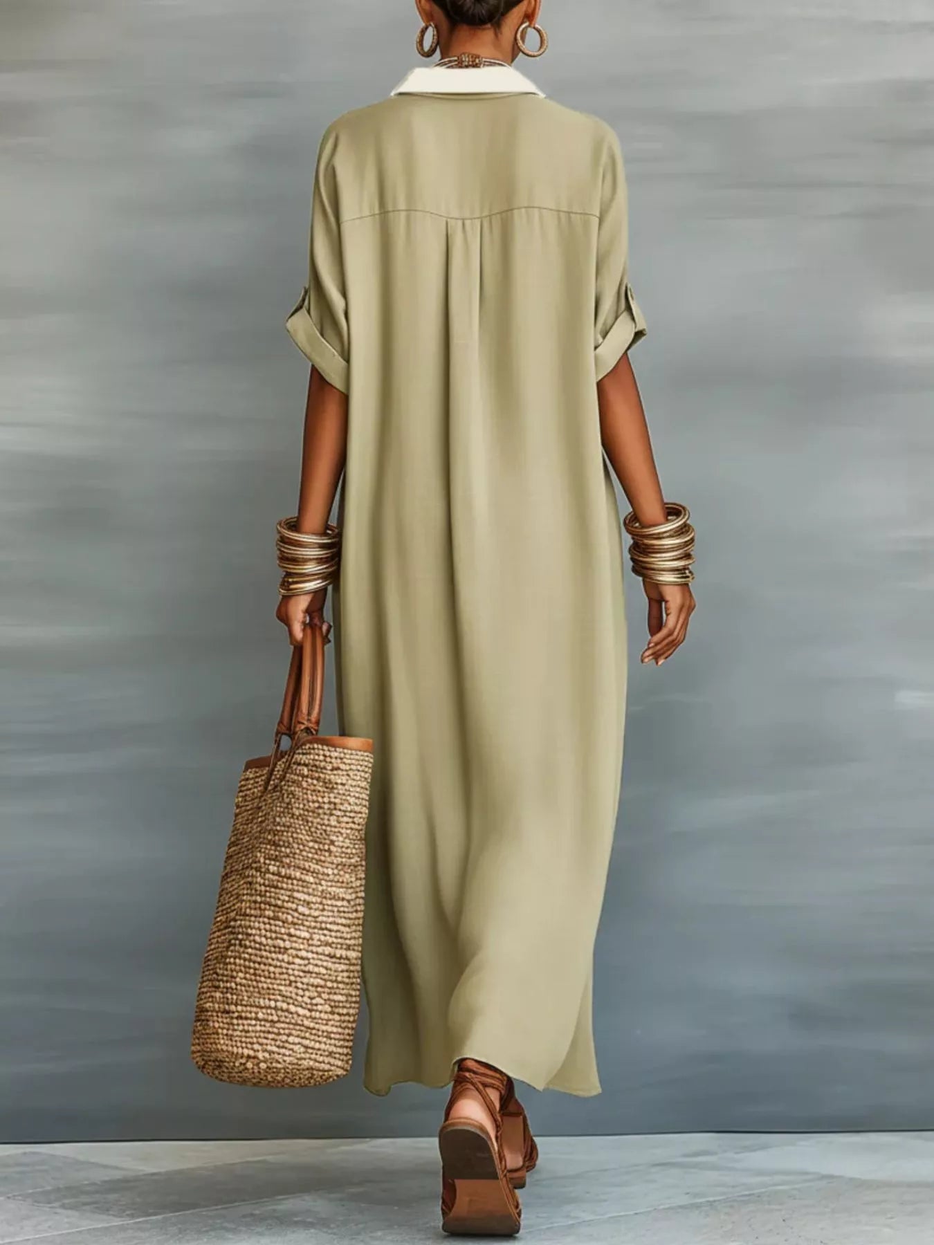 Plus size maxi shirt dress by Trendsi featuring short sleeves, contrast placket, and a flowing, comfortable fit.
