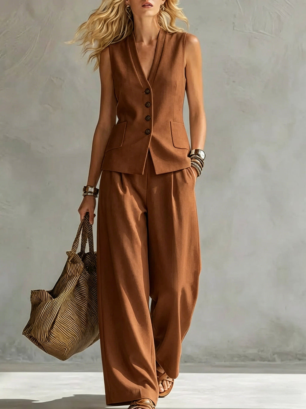 Women's solid linen sleeveless tank top and full-length pants set by FitiqueFit, casualwear outfit in light, breathable fabric.