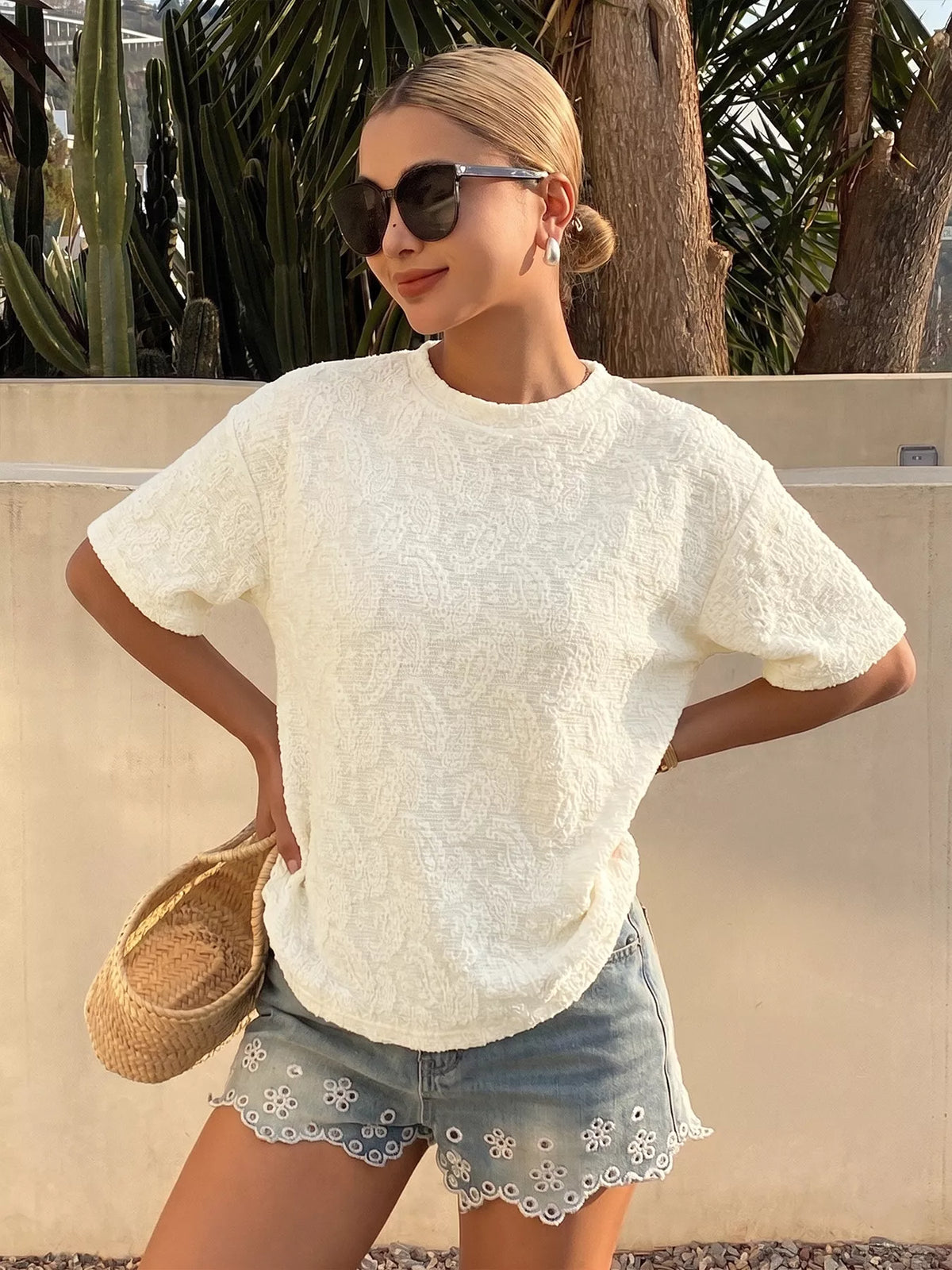 Textured paisley casual T-shirt from Plush Fashion Hub, featuring a comfortable fit and stylish pattern, ideal for everyday wear.