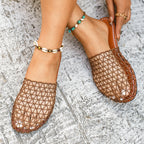 Women's woven net low heel sandals by Trendsi featuring comfortable PU leather straps and stylish dress shoe design.