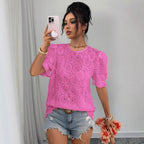 Women's hollow-out lace puff-sleeve shirt top by Plush Fashion Hub, featuring a loose fit and casual lace design.
