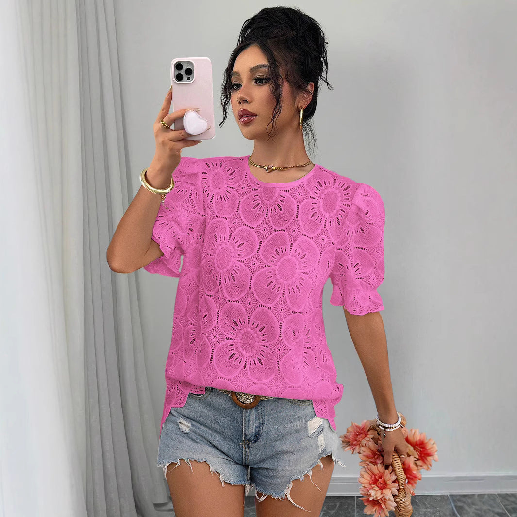 Women's hollow-out lace puff-sleeve shirt top by Plush Fashion Hub, featuring a loose fit and casual lace design.