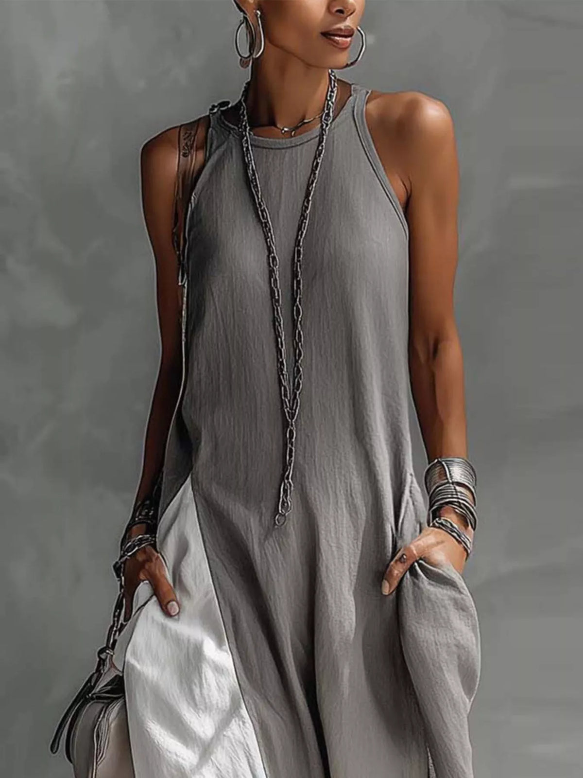 Two-tone sleeveless maxi dress by Plush Fashion Hub, elegant casual summer gown with floor-length design and stylish silhouette.
