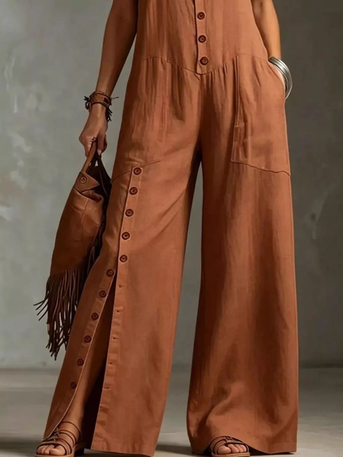 Plus size sleeveless button-front wide-leg jumpsuit by Plush Fashion Hub, full length, stylish and comfortable for casual wear.