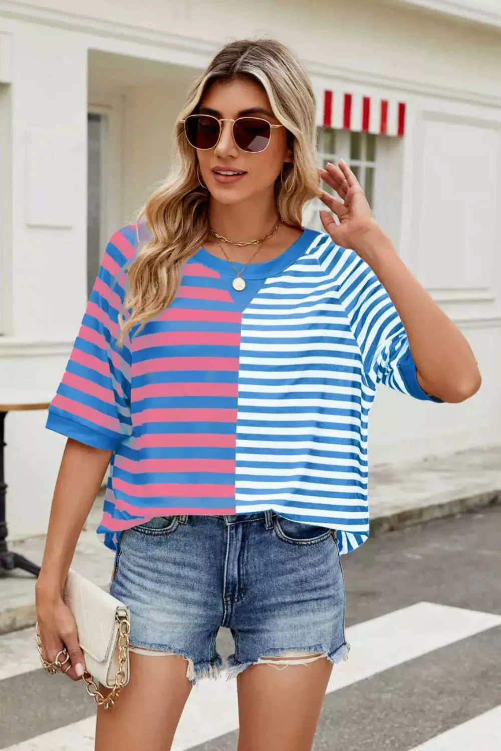 Striped round neck half sleeve T-shirt from Plush Fashion Hub, casual tops with a comfortable fit and stylish design.