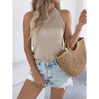 Women’s summer halter tank top by Plush Fashion Hub, sleeveless racerback knit sweater vest, casualwear, shown in a light, breathable fabric.