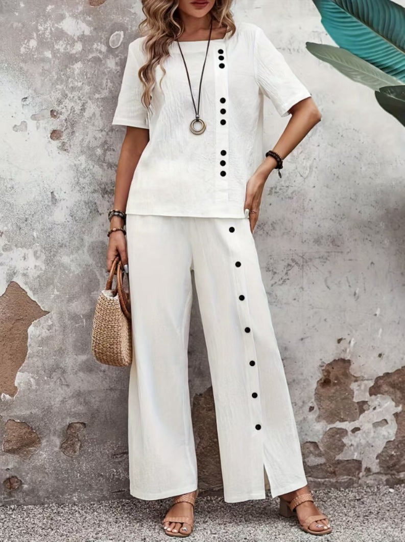 Women's linen casualwear set featuring a button-up top and loose fit two-piece outfit by Plush Fashion Hub.
