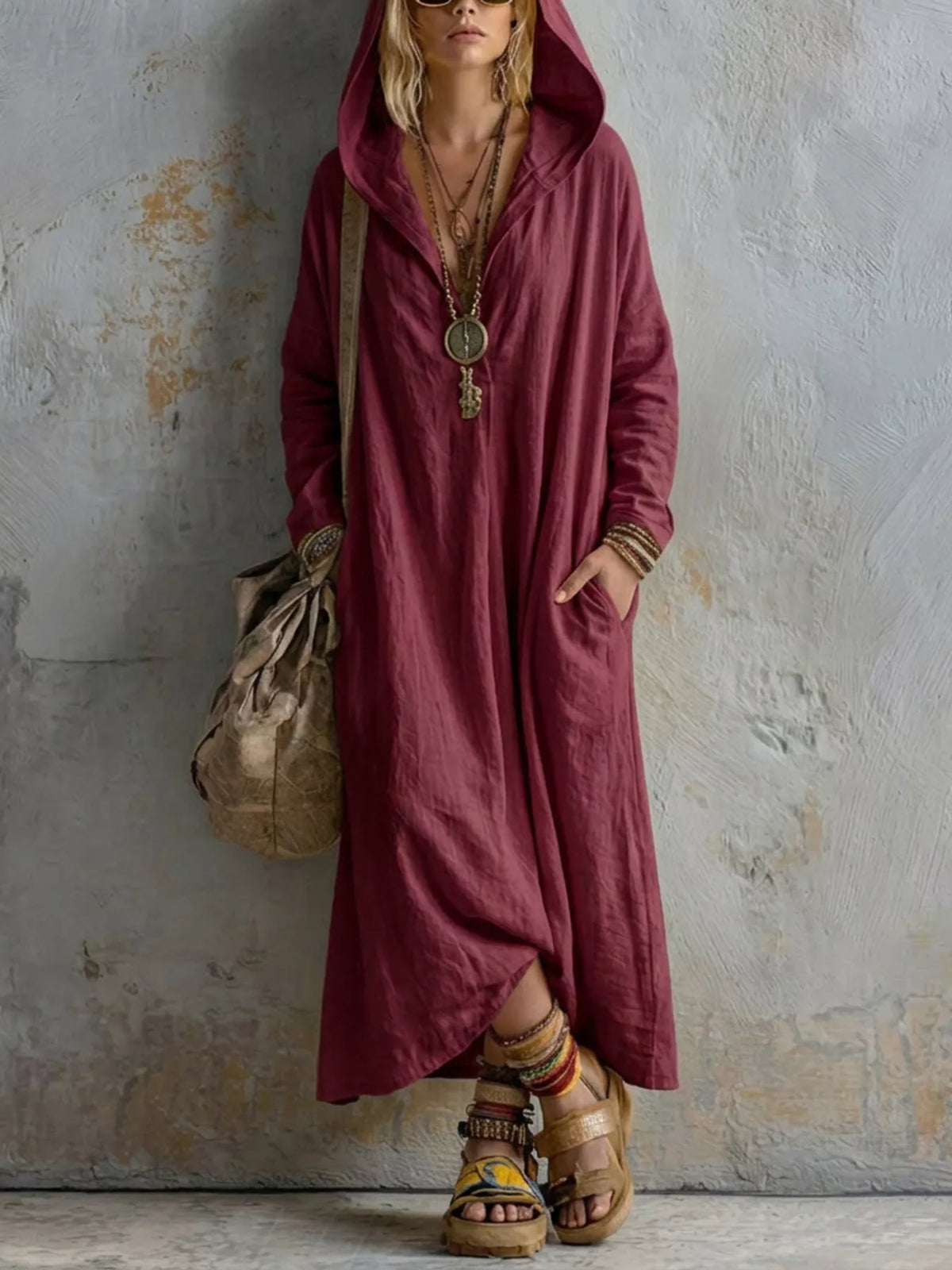 Women's long sleeve hooded midi dress with pockets by Trendsi, featuring a comfortable fit and casual style.