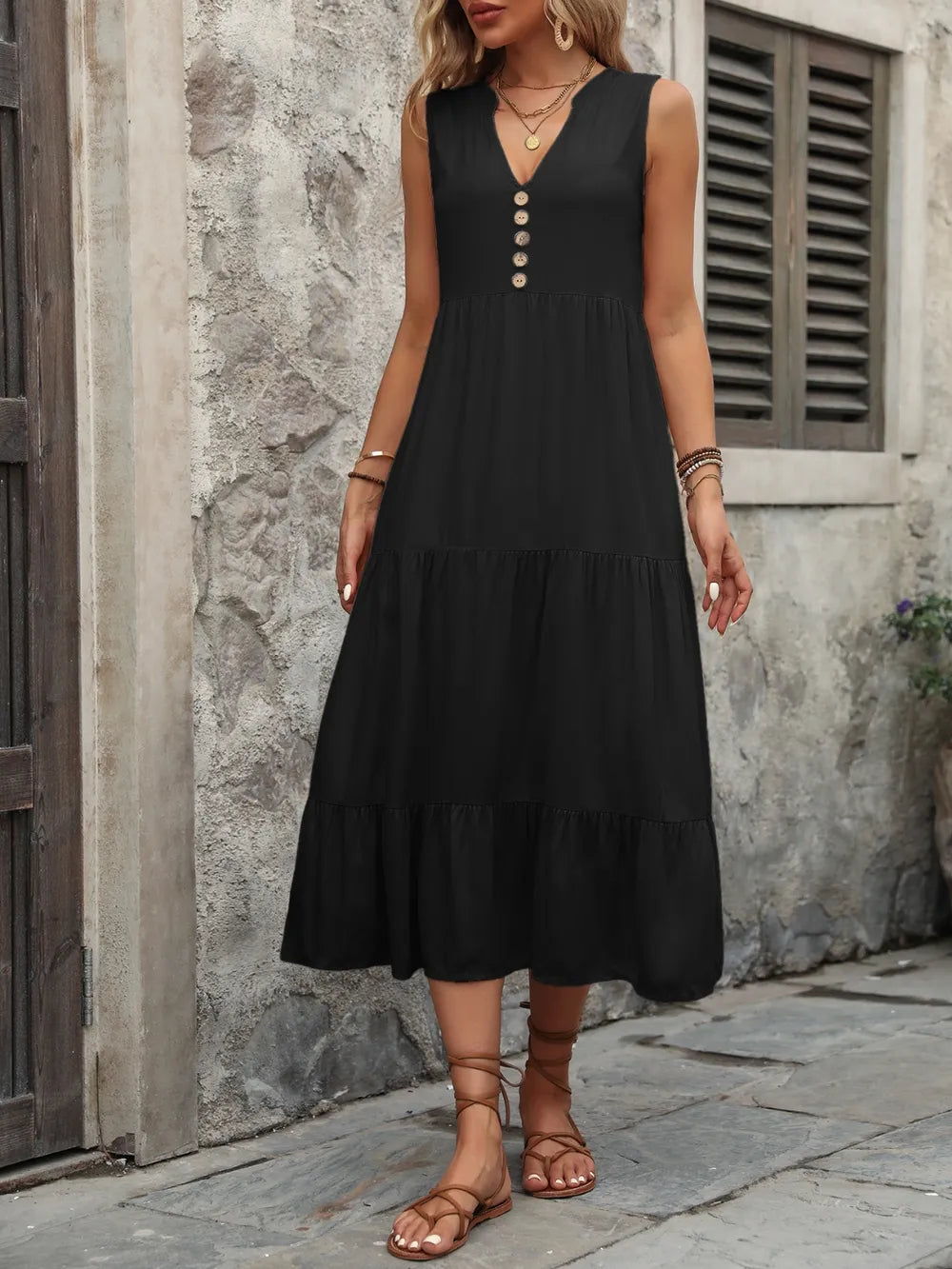 Plush Fashion Hub Ivy Lane women's sleeveless cotton dress with notched collar, button-down front, and relaxed fit.