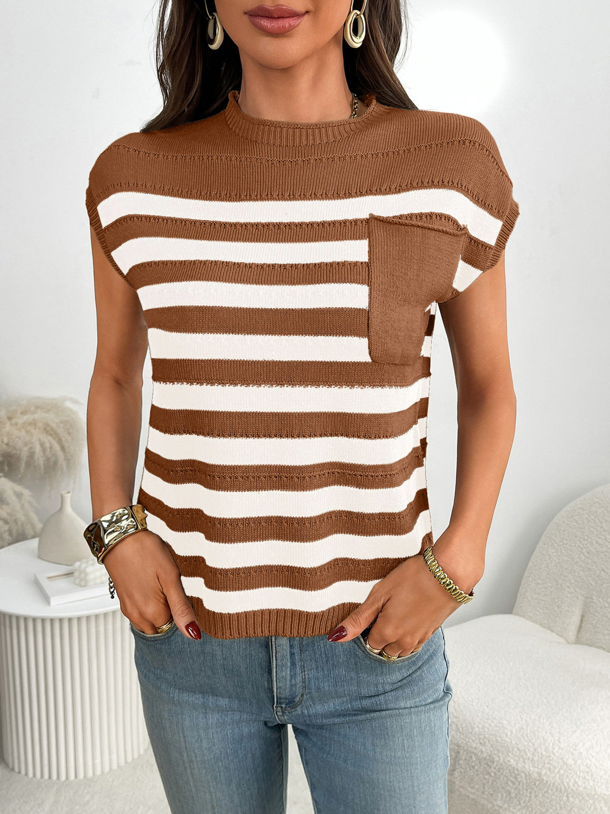 Women’s striped knit cap sleeve sweater with pocket detail, stylish Plush Fashion Hub outerwear for casual wear