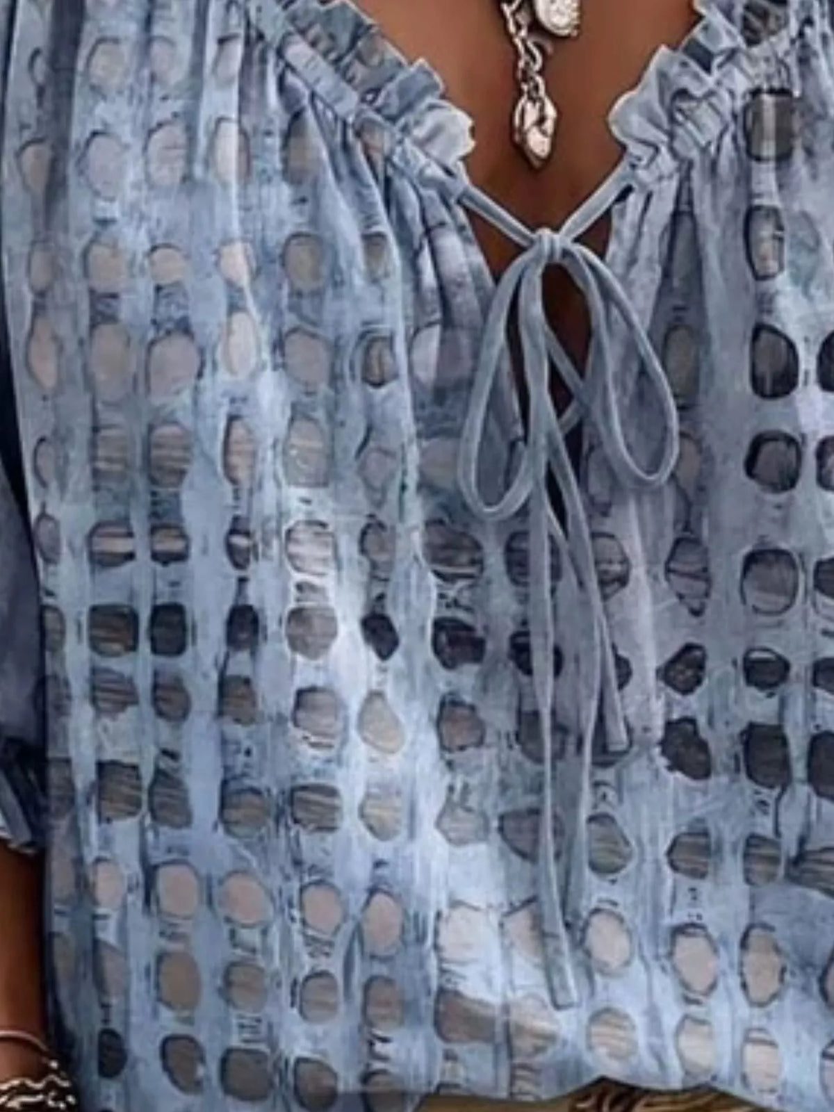 Plus size Trendsi blouse with tie neck and 3/4 sleeves, full-length silhouette, casual stylish top for women.