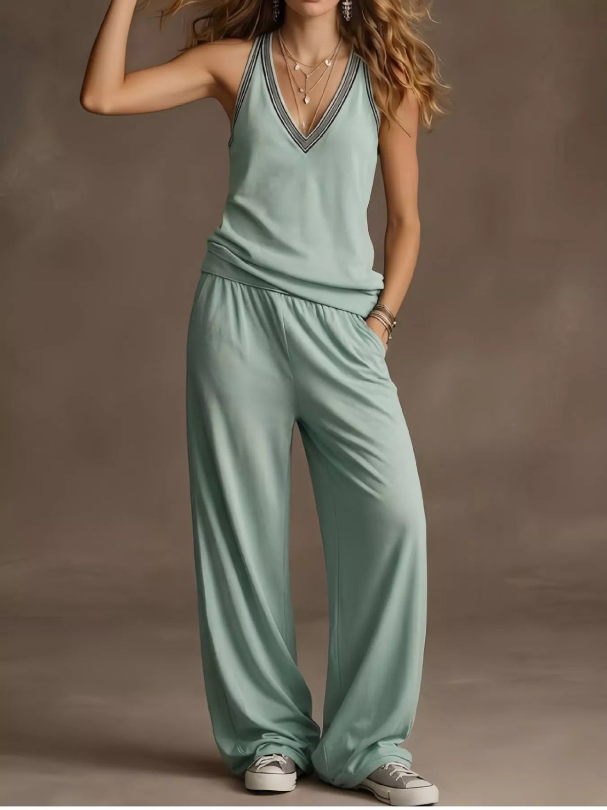 Plus size full V-neck tank top and wide-leg pants loungewear set by Plush Fashion Hub, shown in a relaxed fit and comfortable fabric