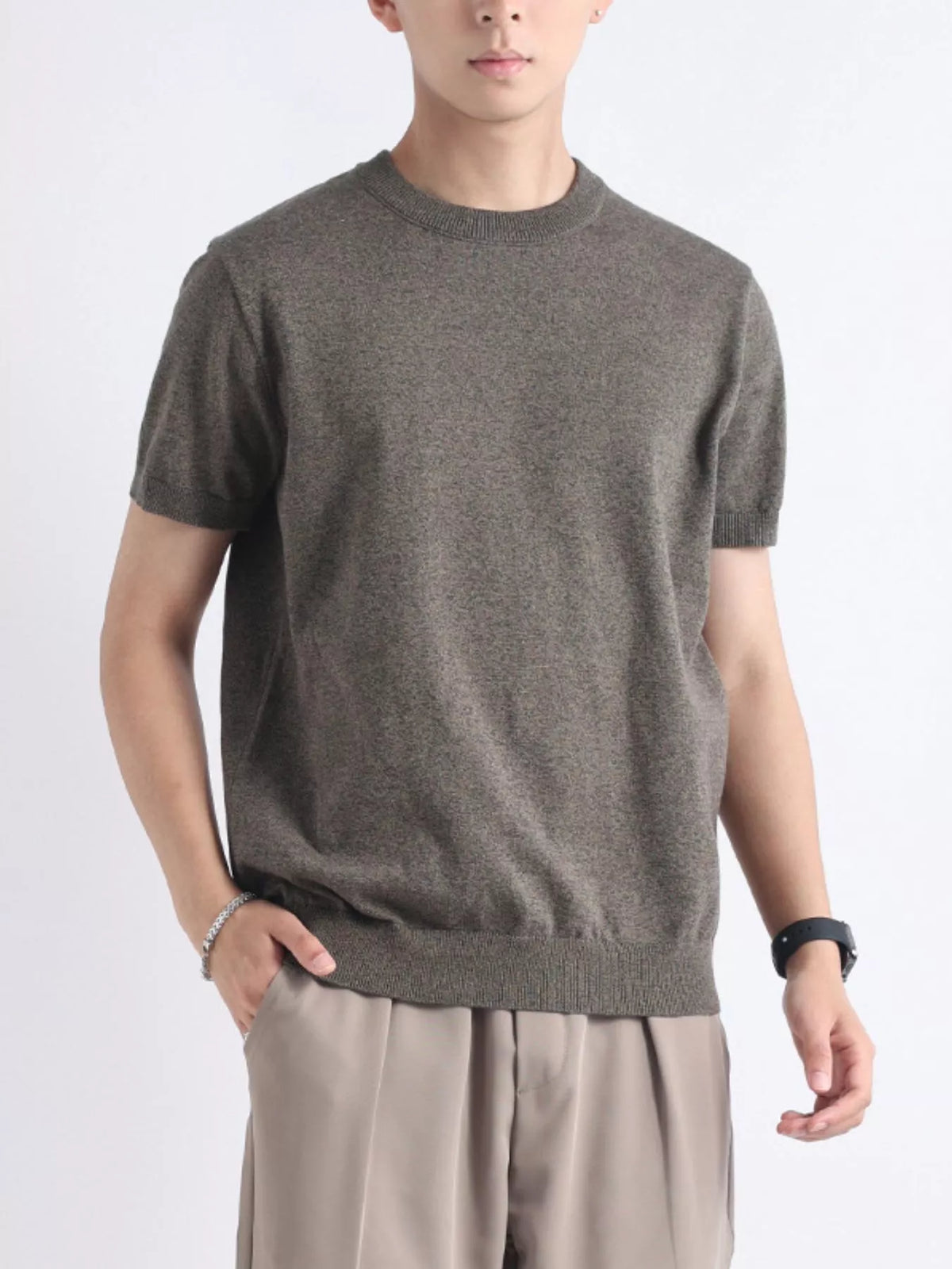 Plus size men's casual knitted short sleeve T-shirt from Plush Fashion Hub, showing a comfortable, stylish tops design in black.