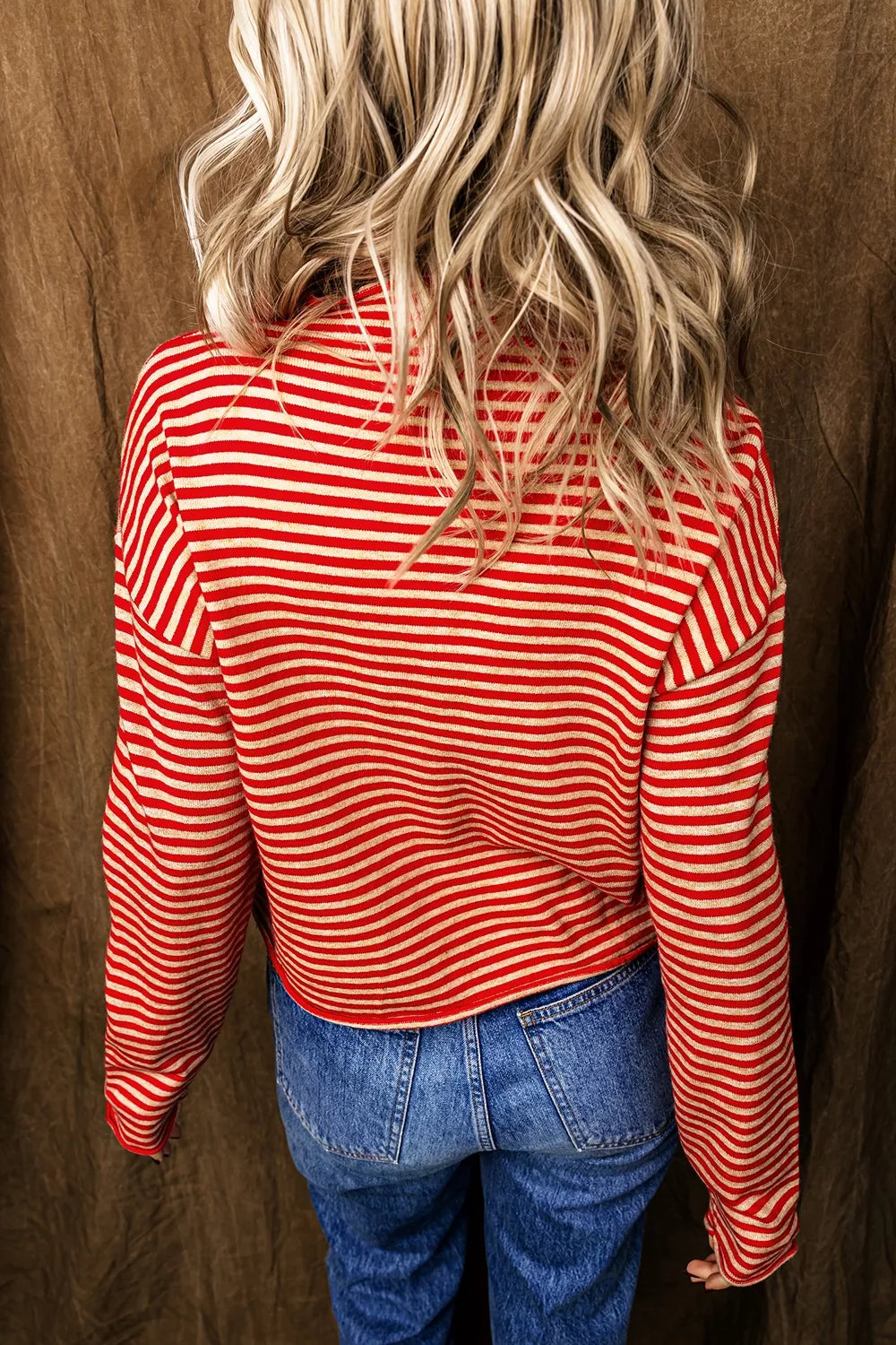 Striped button collar long sleeve knit cardigan shirt by Plush Fashion Hub, featuring a stylish design and cozy fabric.