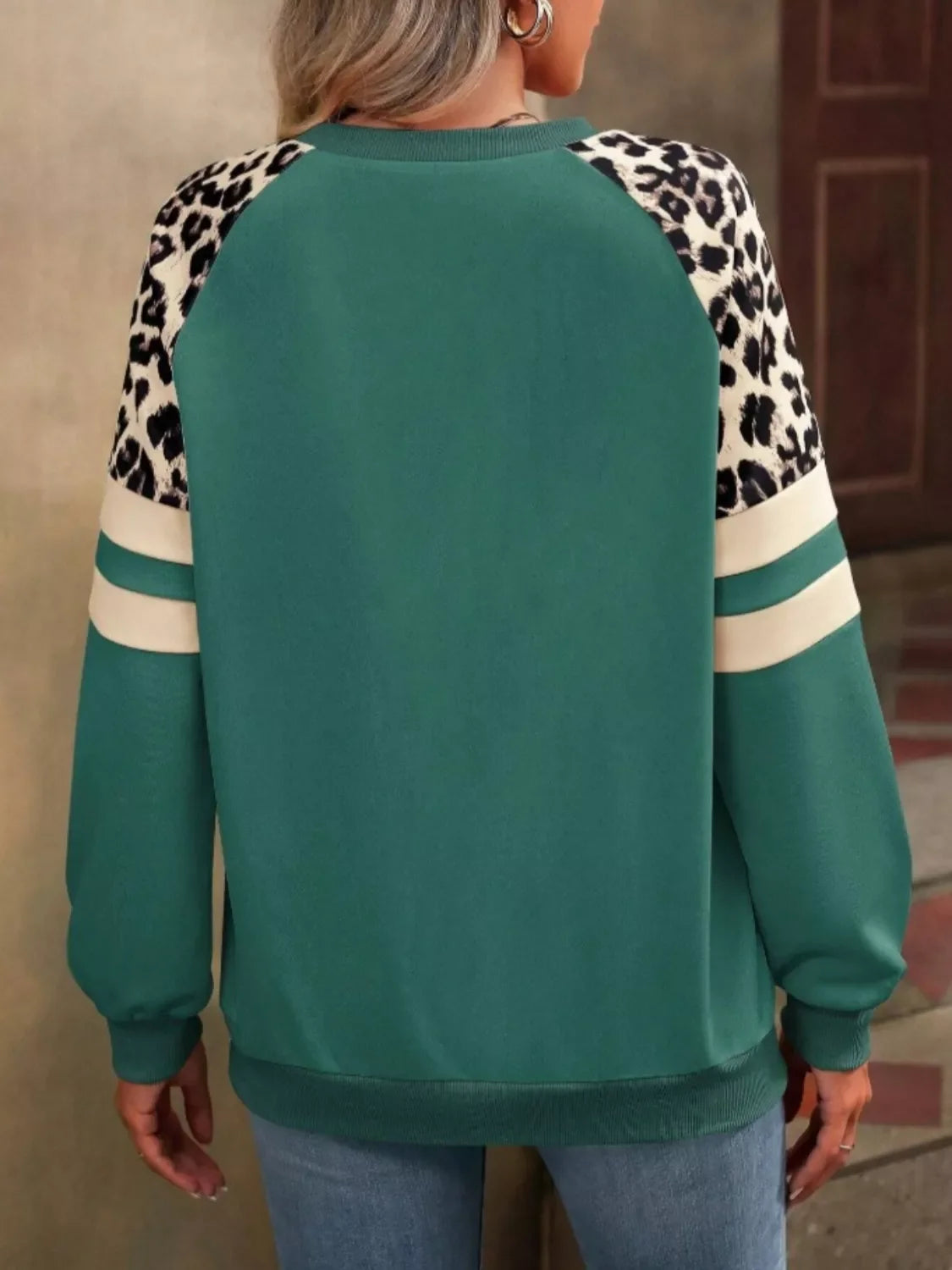Leopard and striped raglan sleeve sweatshirt by Simply Love, featuring a cozy knit design and casual fit.
