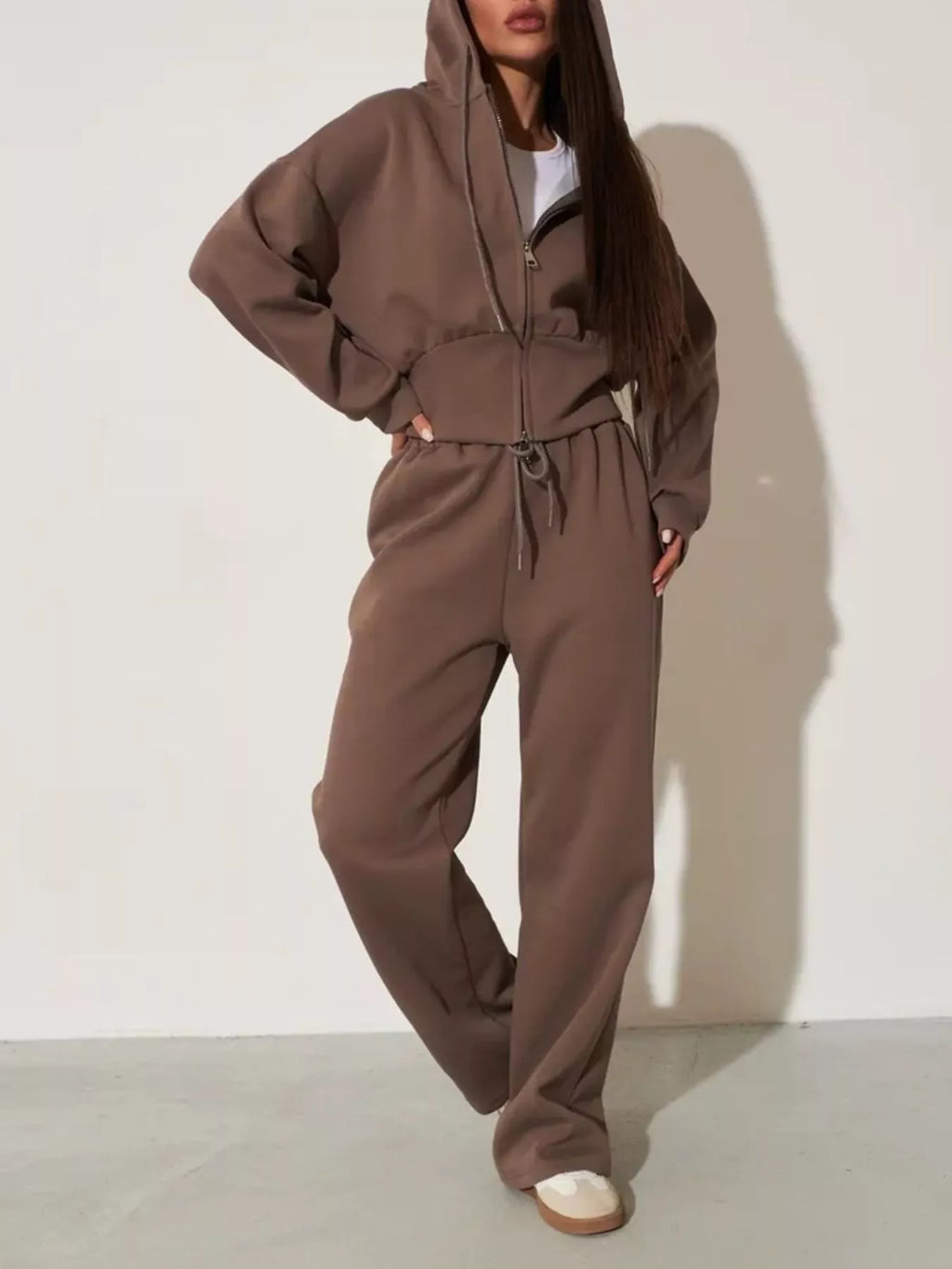 Plush Fashion Hub zip-up hoodie and wide-leg pants loungewear set, showing a comfortable matching casual outfit with a relaxed fit.