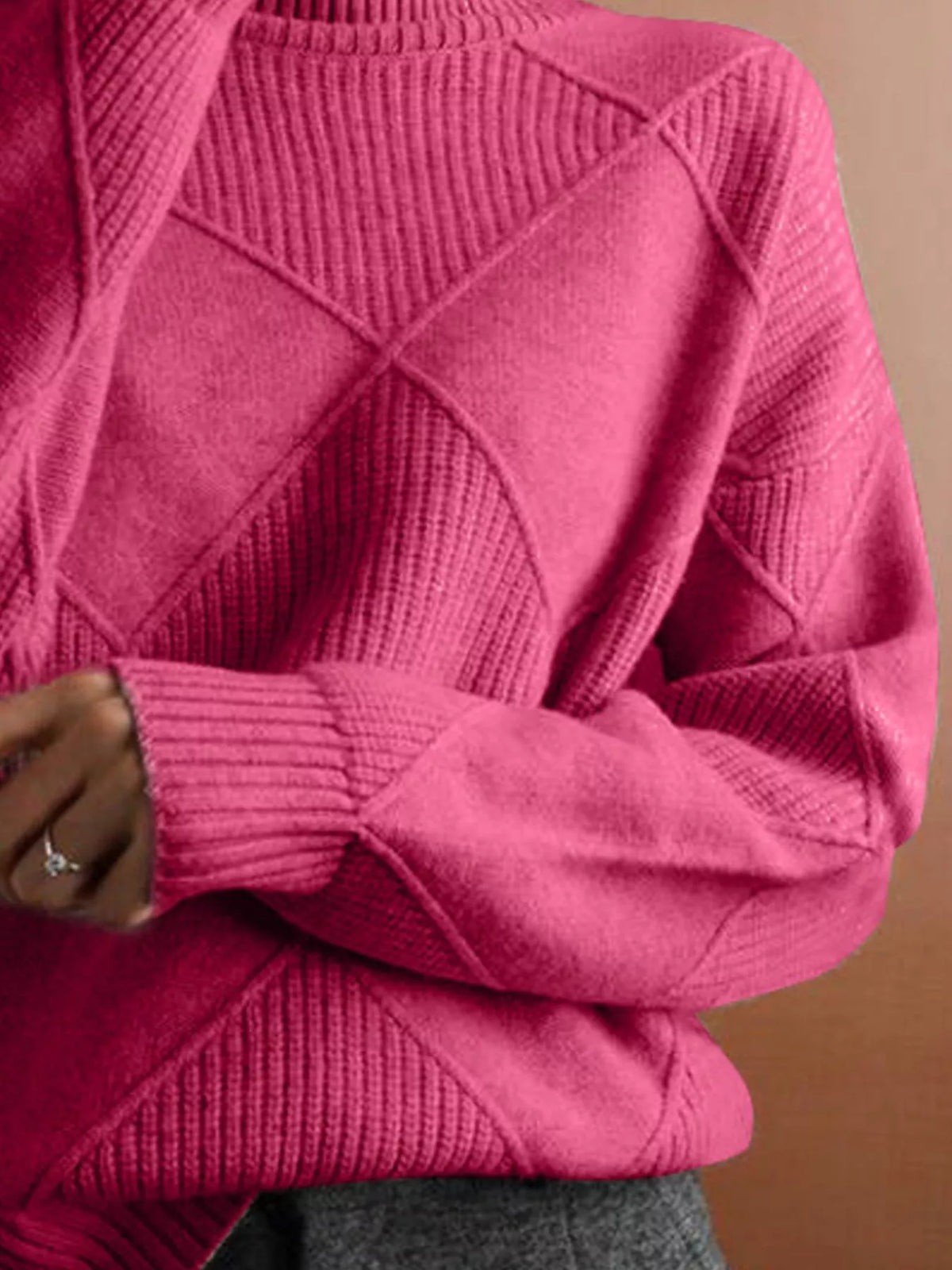 Argyle pattern turtleneck sweater from Trendsi, featuring a cozy knit design in classic colors, perfect for fall and winter wear.