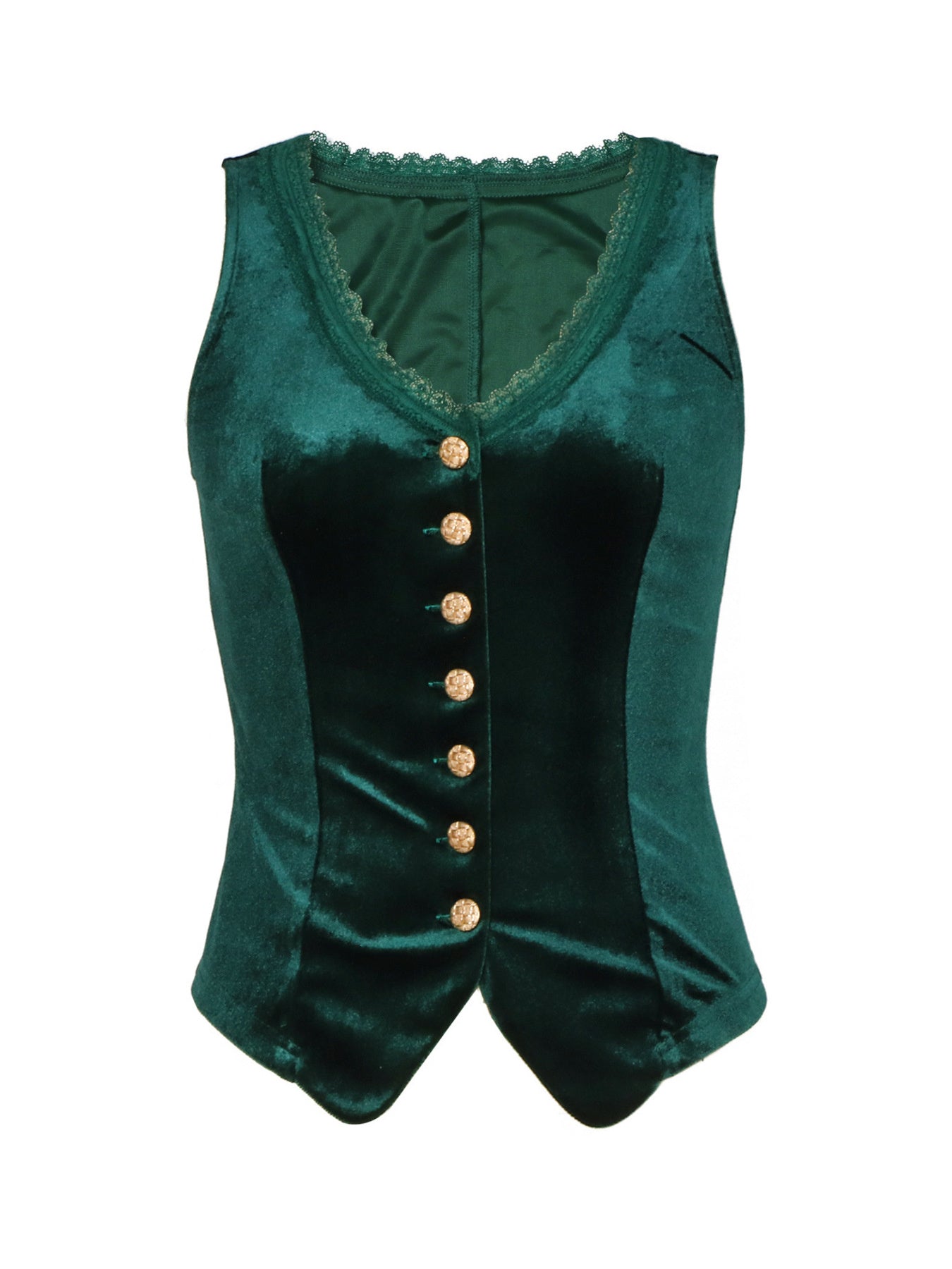 Velvet button-down vest with delicate lace trim, stylish top from Trendsi, featuring a soft velvet fabric and elegant lace accents.
