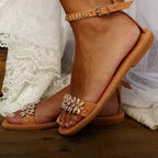 Women's rhinestone strap sandals with large size, featuring a word buckle strap design, flat sole, by LadyShow.Store.