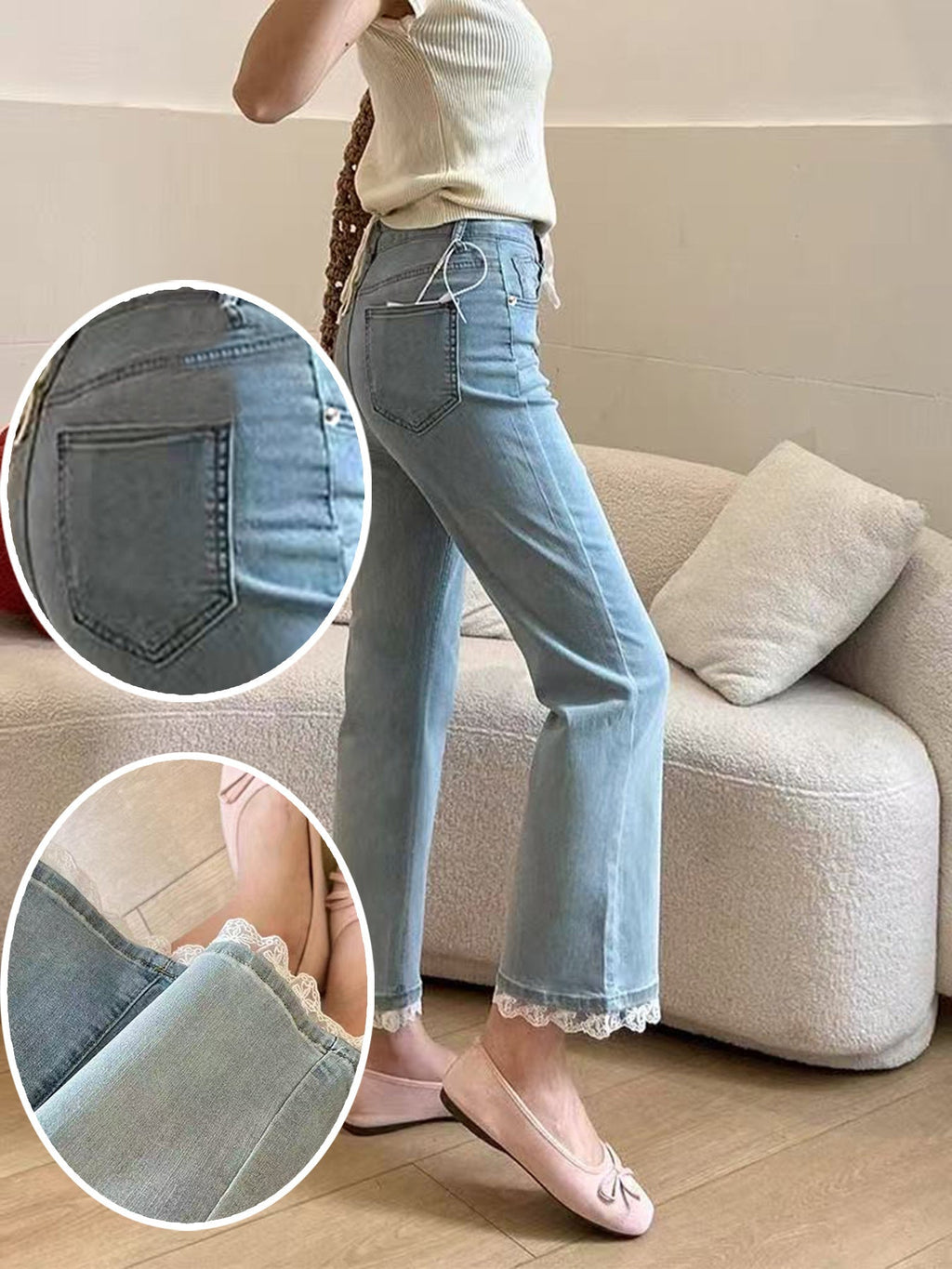 Light blue micro-flare lace stretch jeans for women, casualwear by Plush Fashion Hub, showing fitted style and lace detailing.