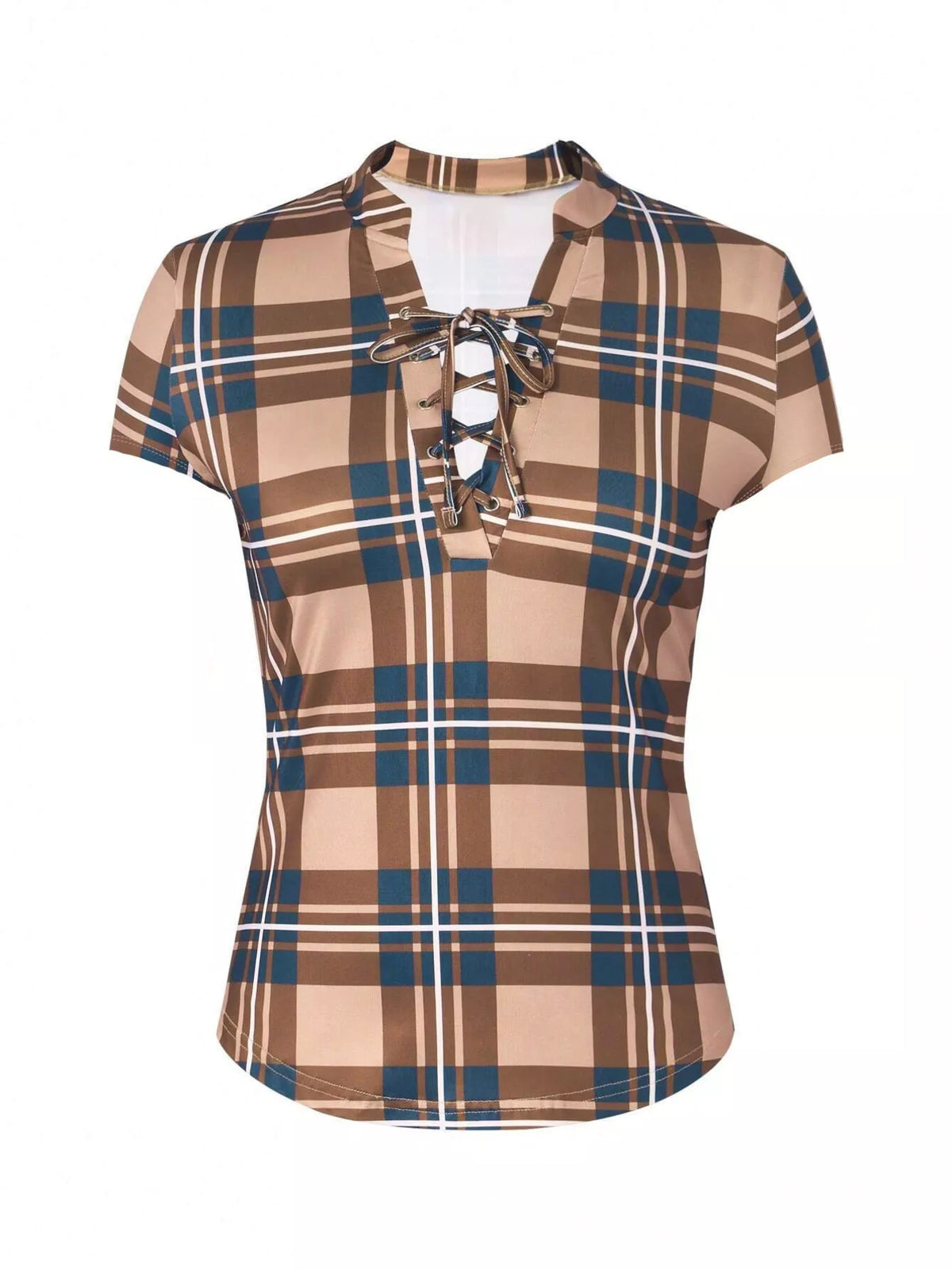 Plaid lace-up short sleeve blouse from Plush Fashion Hub, featuring a stylish design with lace-up front and short sleeves.