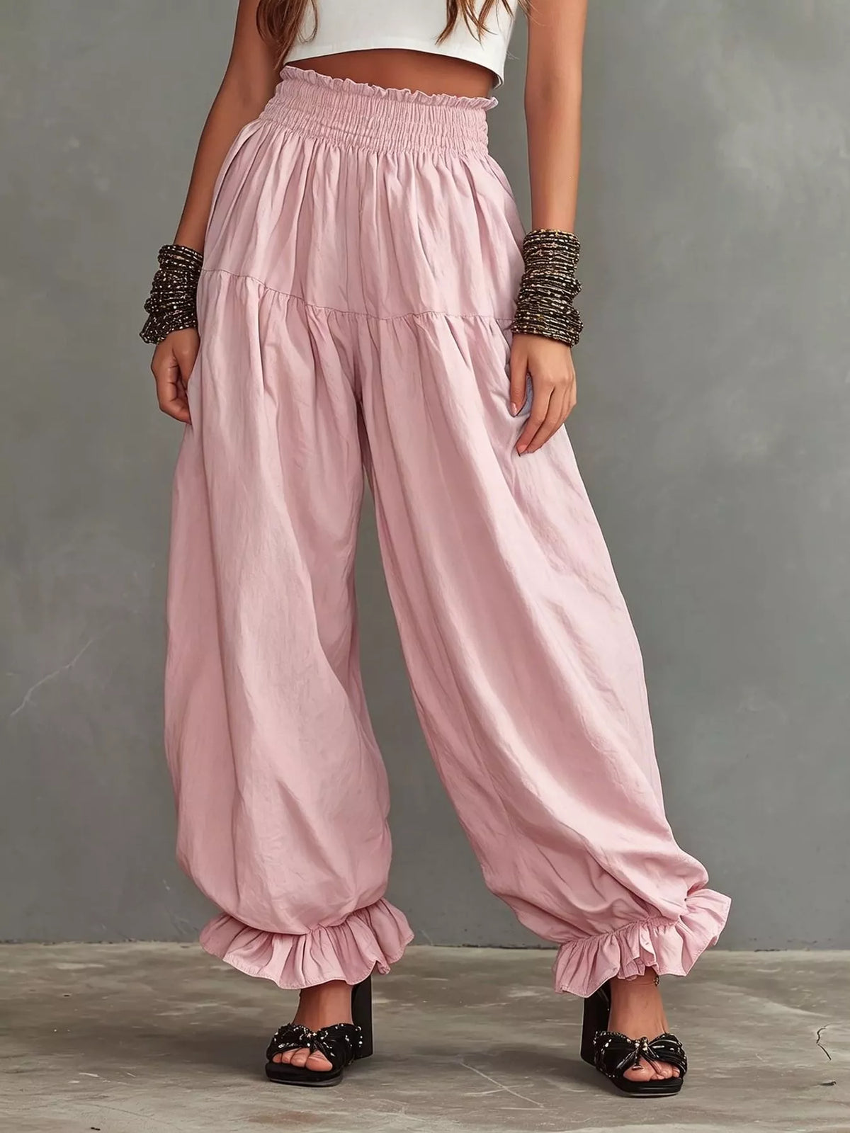 Plus size full smocked ruffle hem wide-leg pants from Plush Fashion Hub, featuring flowy fabric and ruffle details.
