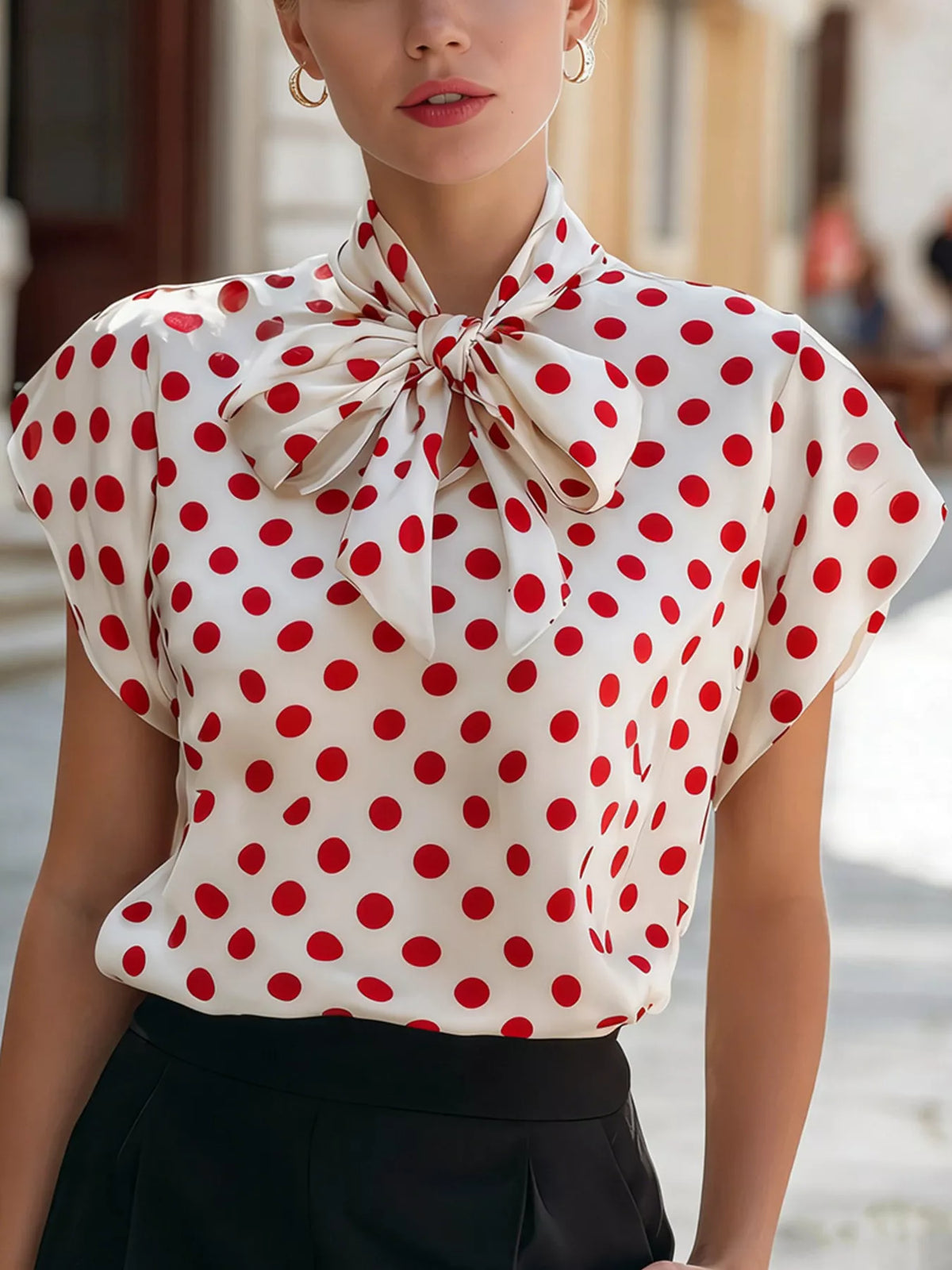 Polka dot tie neck blouse from Plush Fashion Hub, featuring a stylish blouse with a tie neck and polka dot pattern.