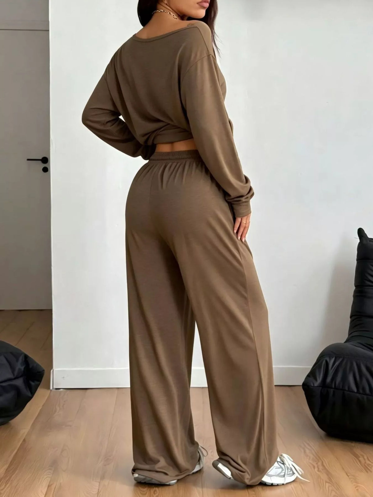 Plus size one-shoulder top and drawstring pants matching set by Trendsi, featuring stylish, comfortable full-size fashion ensemble.