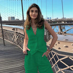 Women’s casualwear vest and high-waist pants set by FitiqueFit, featuring a V-neck button-front vest and matching high-waist pants.