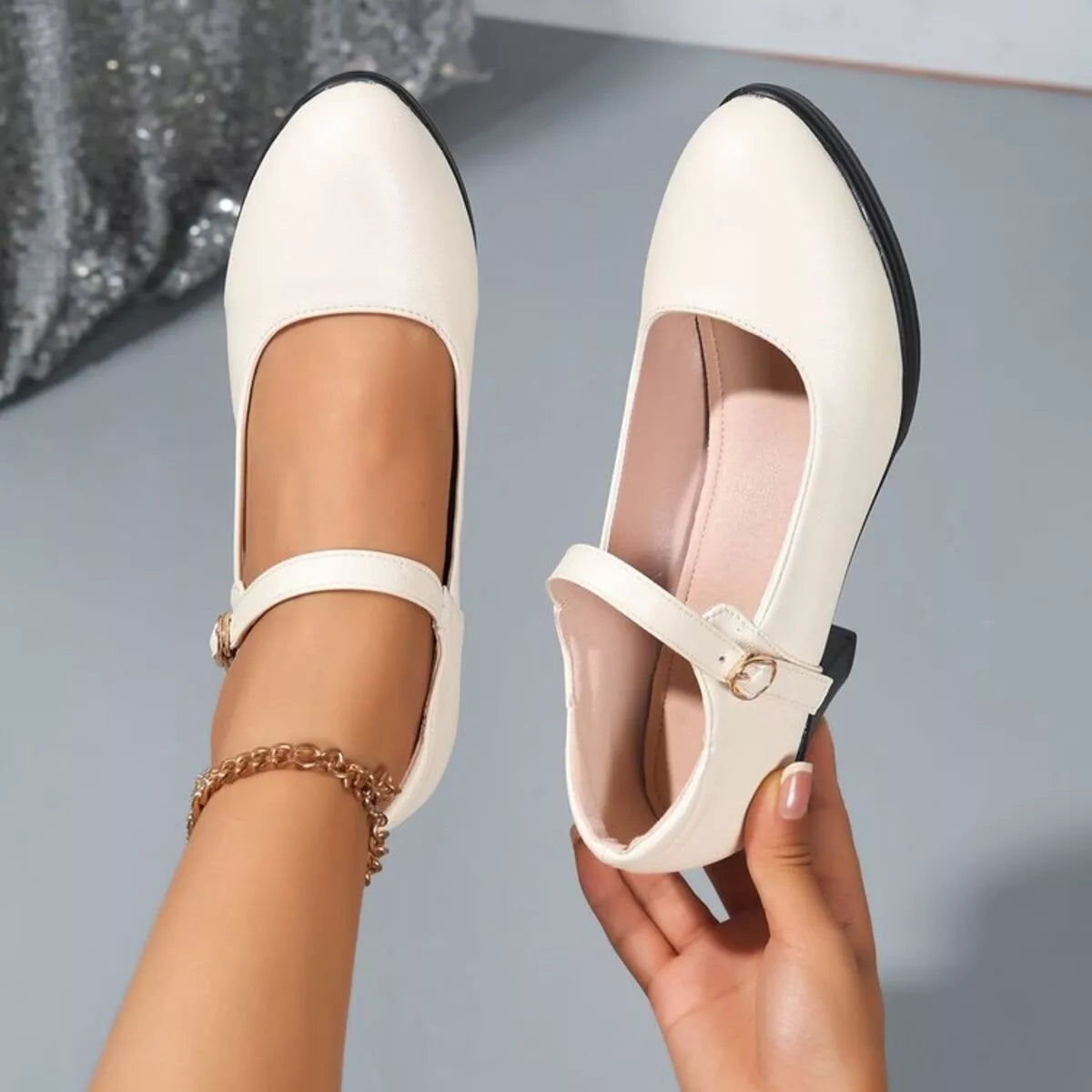 Trendsi Buckle Block Heels Pumps showing stylish black heels with a buckle detail and chunky block heel design.